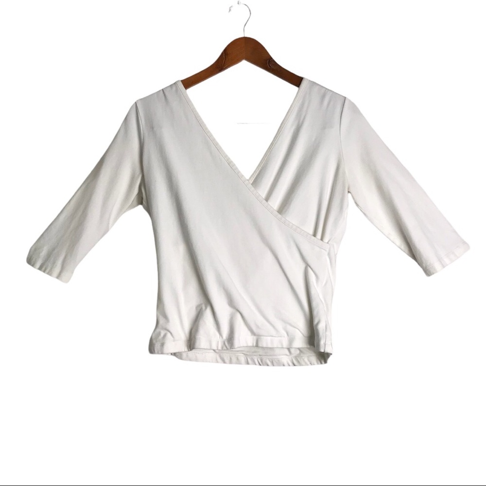 Soft Surroundings Pearl White 3/4 Sleeve Surplice Jersey Faux Wrap Crop Top - Picture 2 of 8